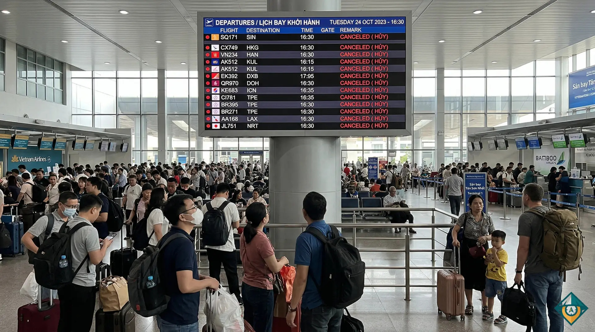Bảng thông báo chuyến bay bị hủy tại sân bay