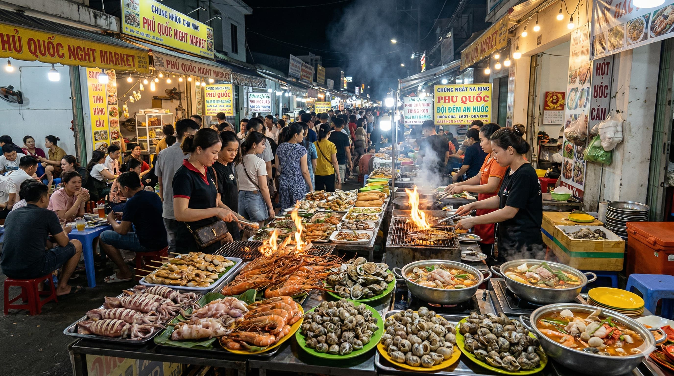 Chợ đêm Phú Quốc nhộn nhịp với nhiều món ăn hấp dẫn