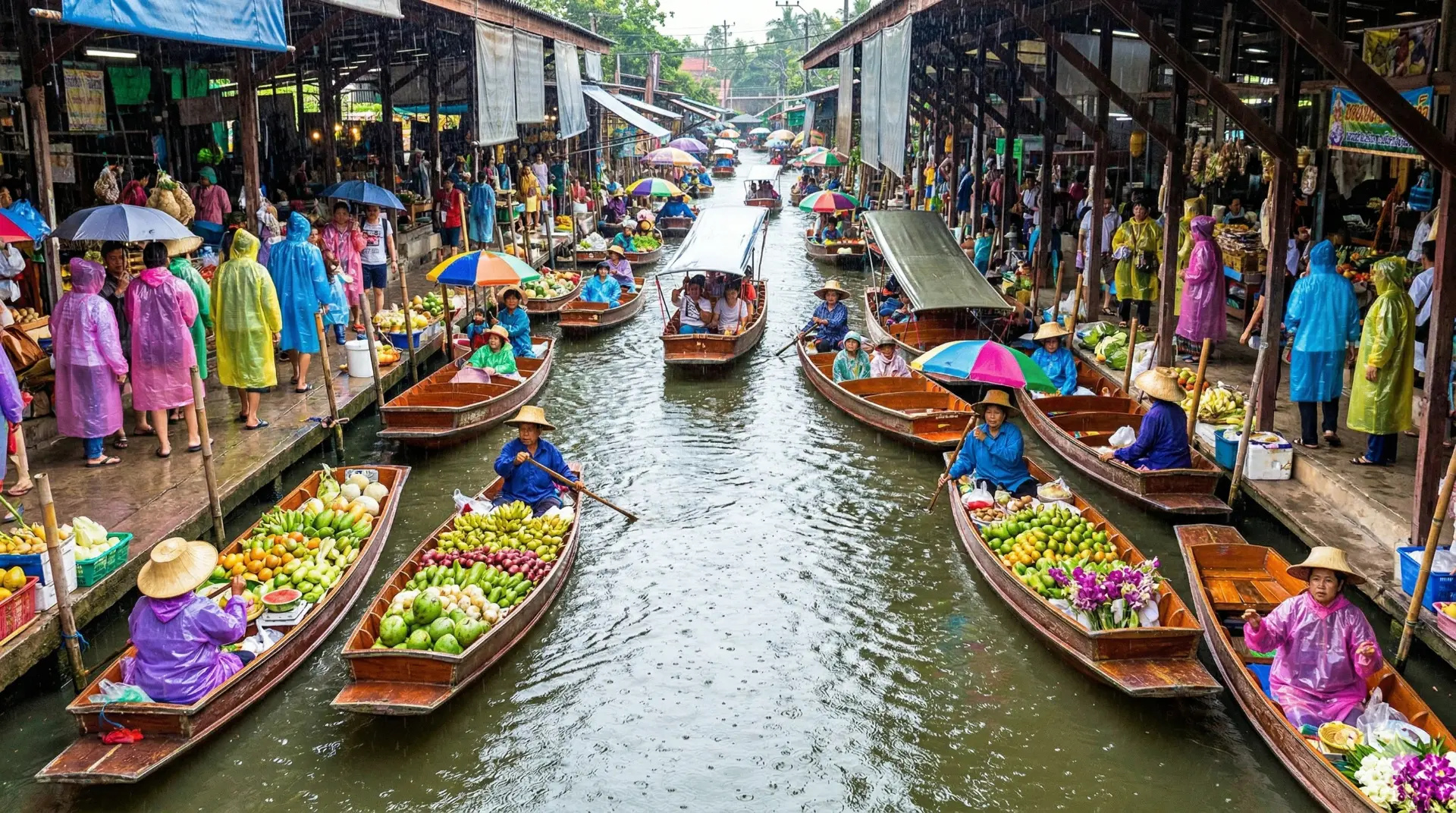 Chợ nổi Damnoen Saduak dưới cơn mưa