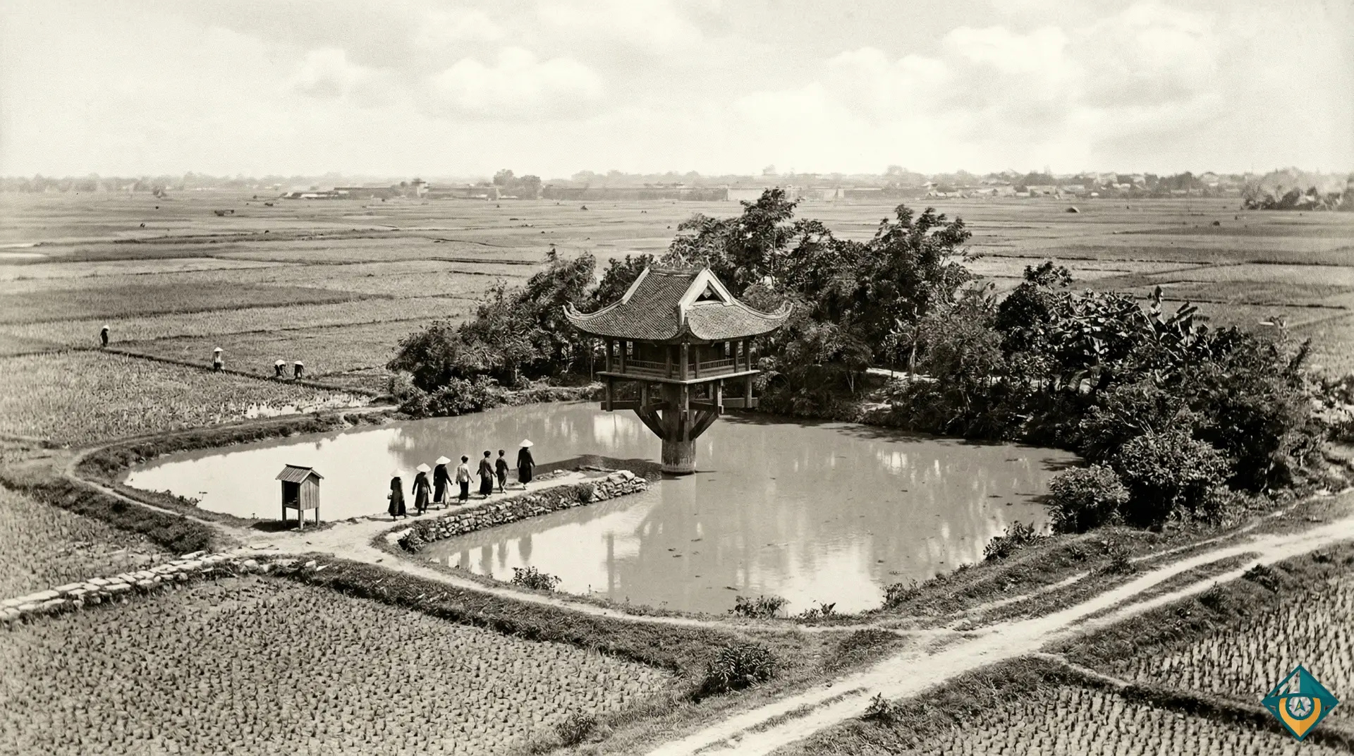 Chùa Một Cột nằm giữa cánh đồng, chụp năm 1883