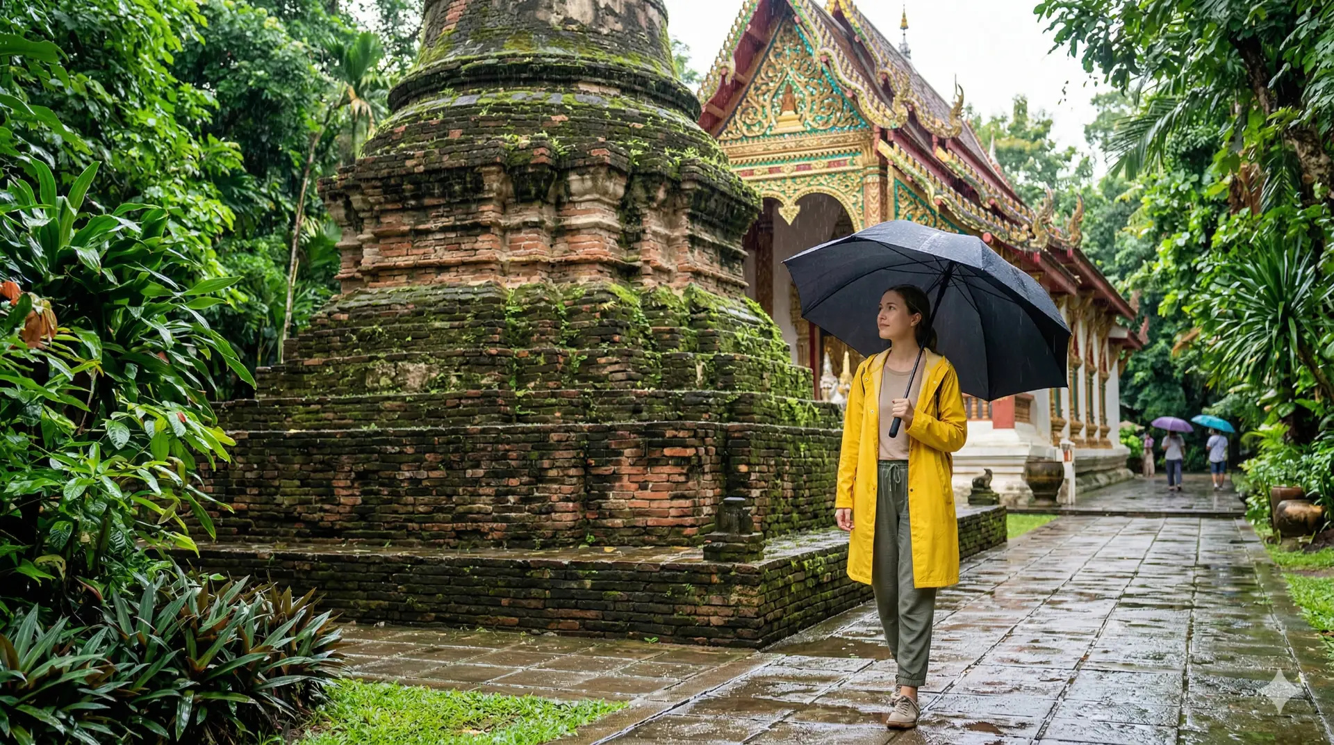 Du khách khám phá Thái Lan dưới cơn mưa nhẹ