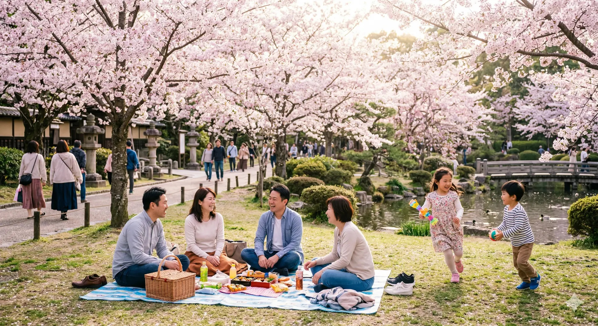 Gia đình đang picnic dưới tán hoa anh đào tại công viên Nhật Bản