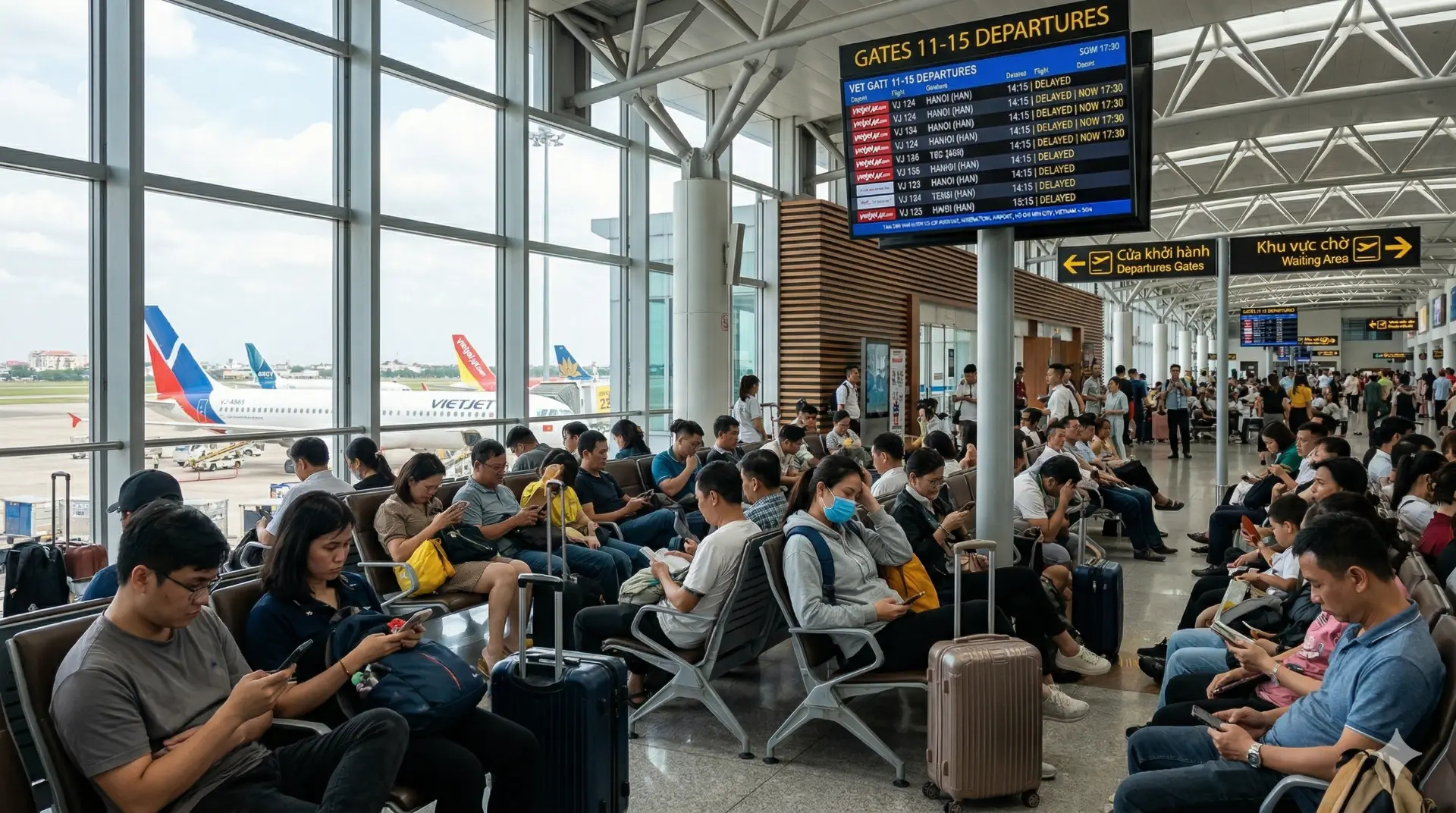 Hành khách chờ đợi chuyến bay bị delay tại sân bay