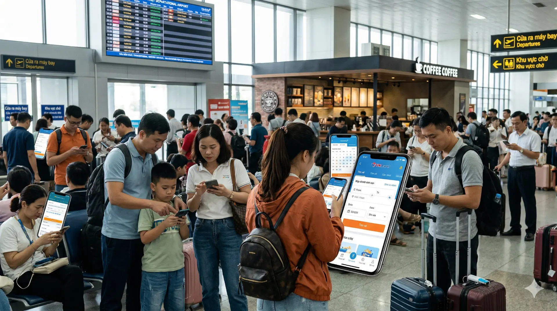 Hành khách đang sử dụng các ứng dụng săn vé tại sân bay