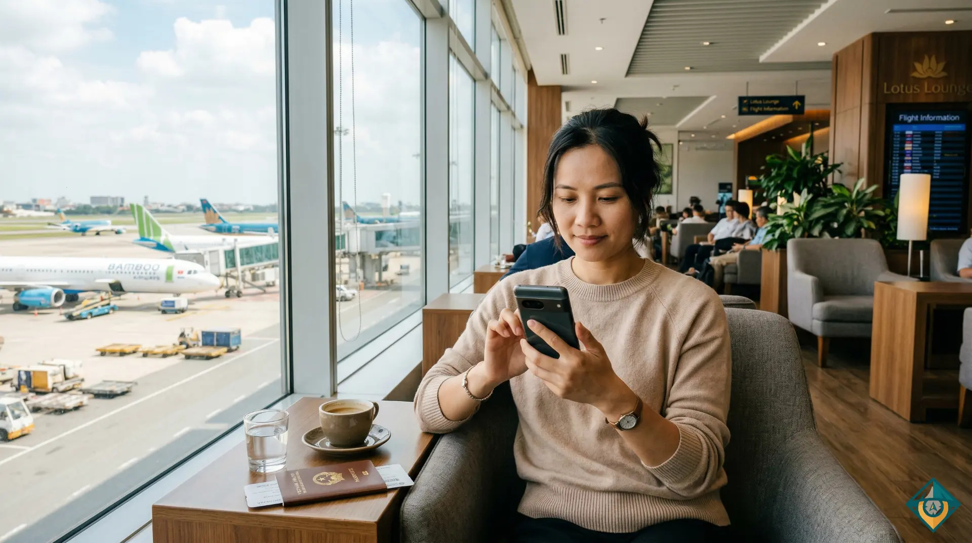 Hành khách giữ bình tĩnh, kiểm tra thông tin chuyến bay trên điện thoại