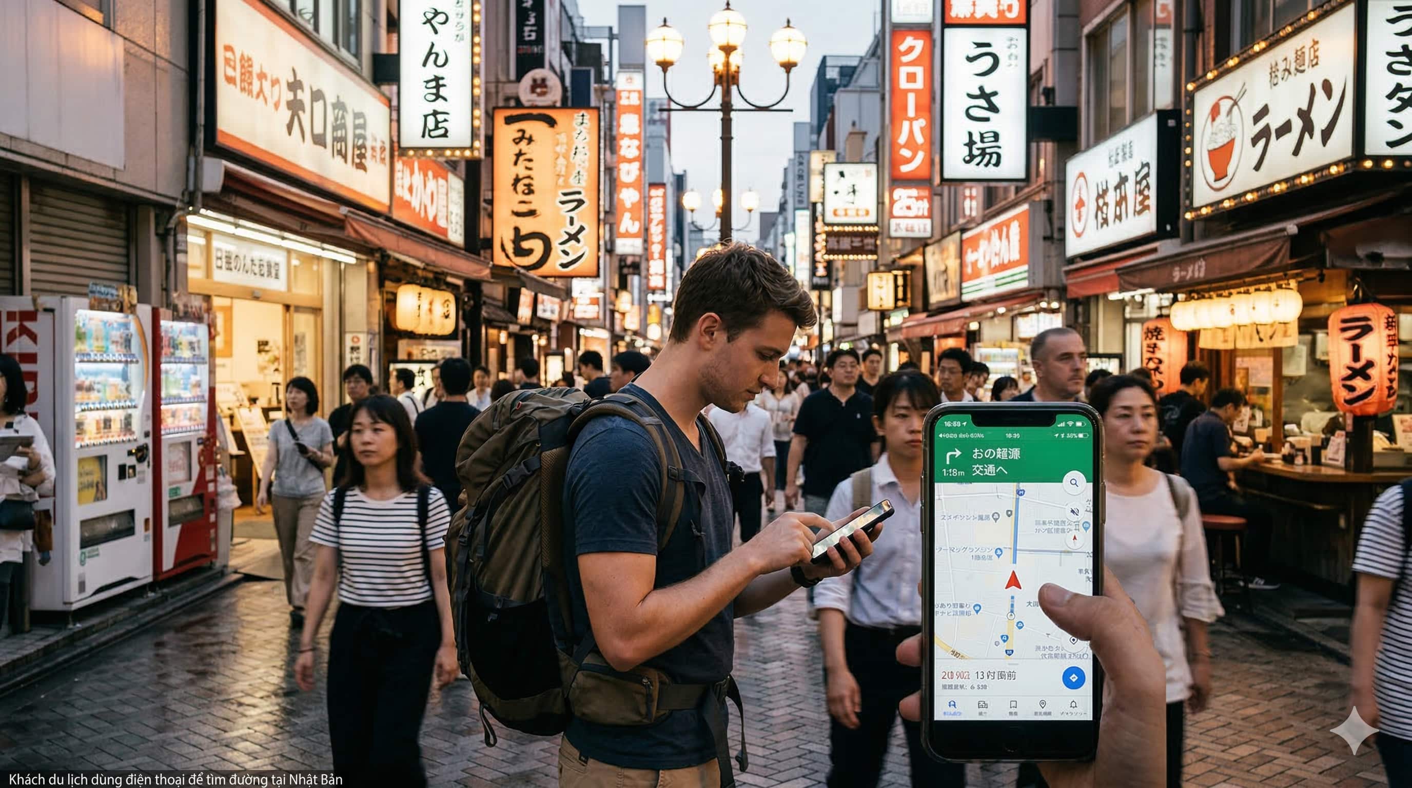 Khách du lịch dùng điện thoại để tìm đường tại Nhật Bản