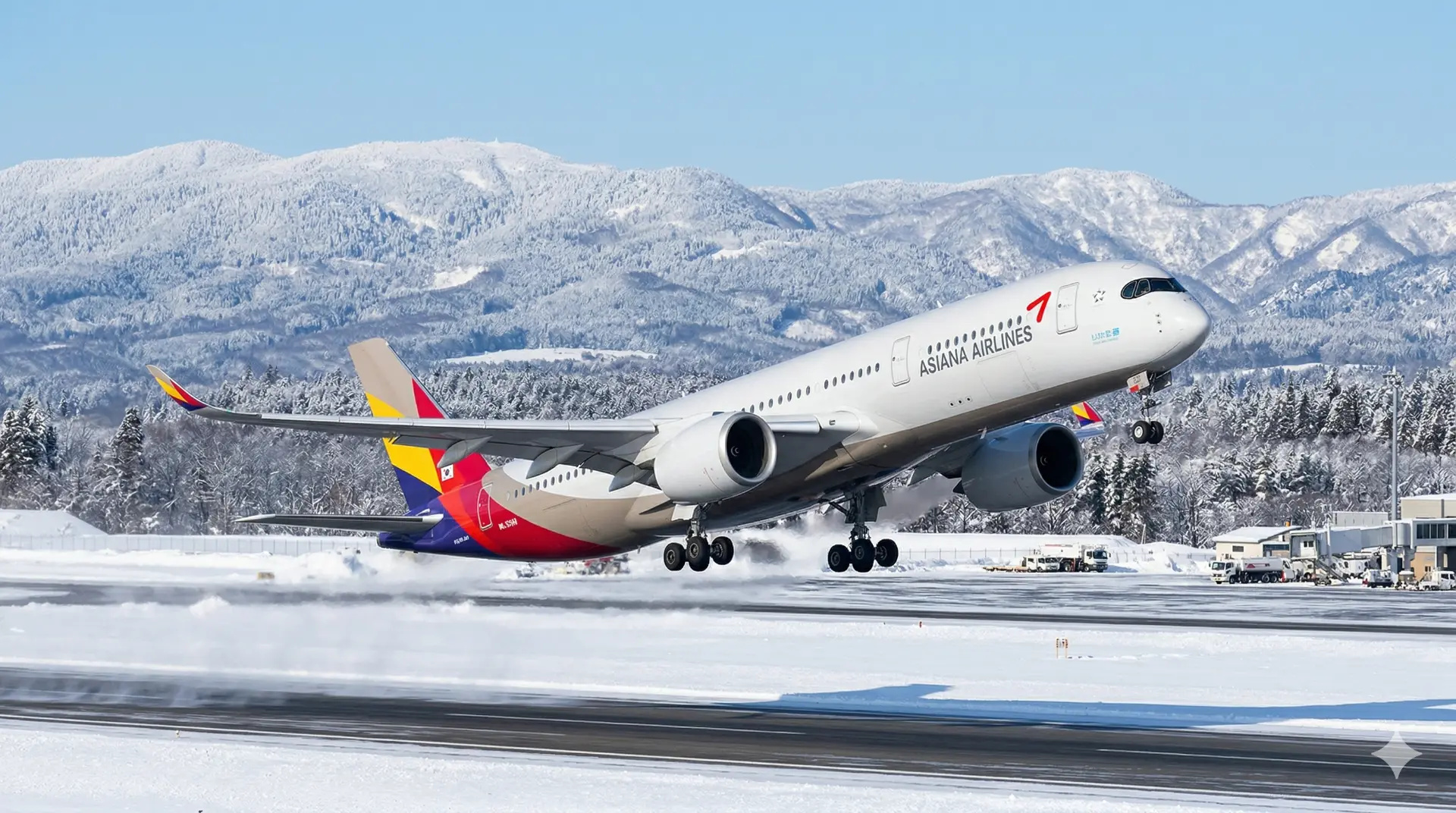 Máy bay Asiana Airlines trên nền tuyết trắng