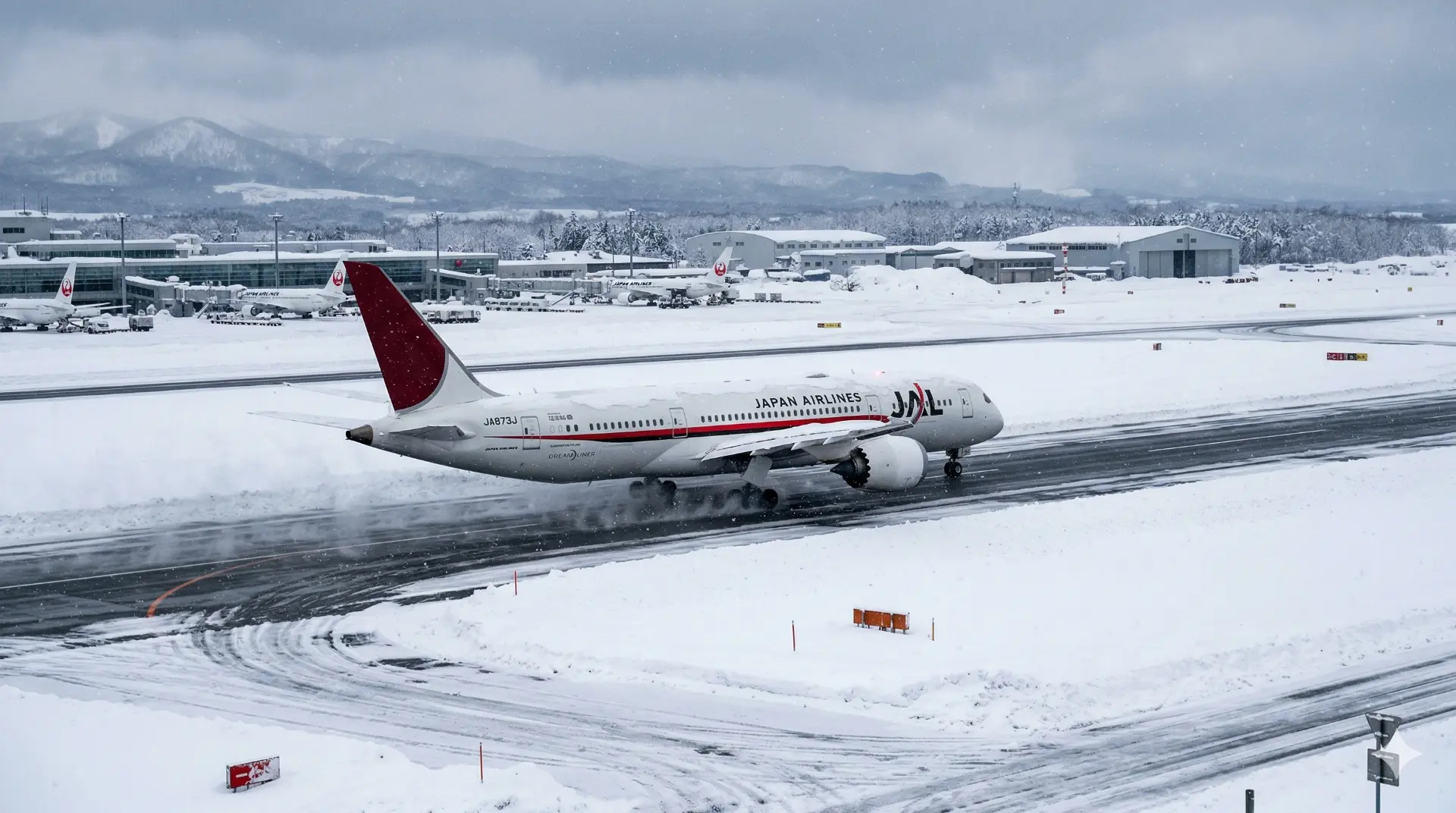 Máy bay Japan Airlines mùa đông tại sân bay tuyết phủ