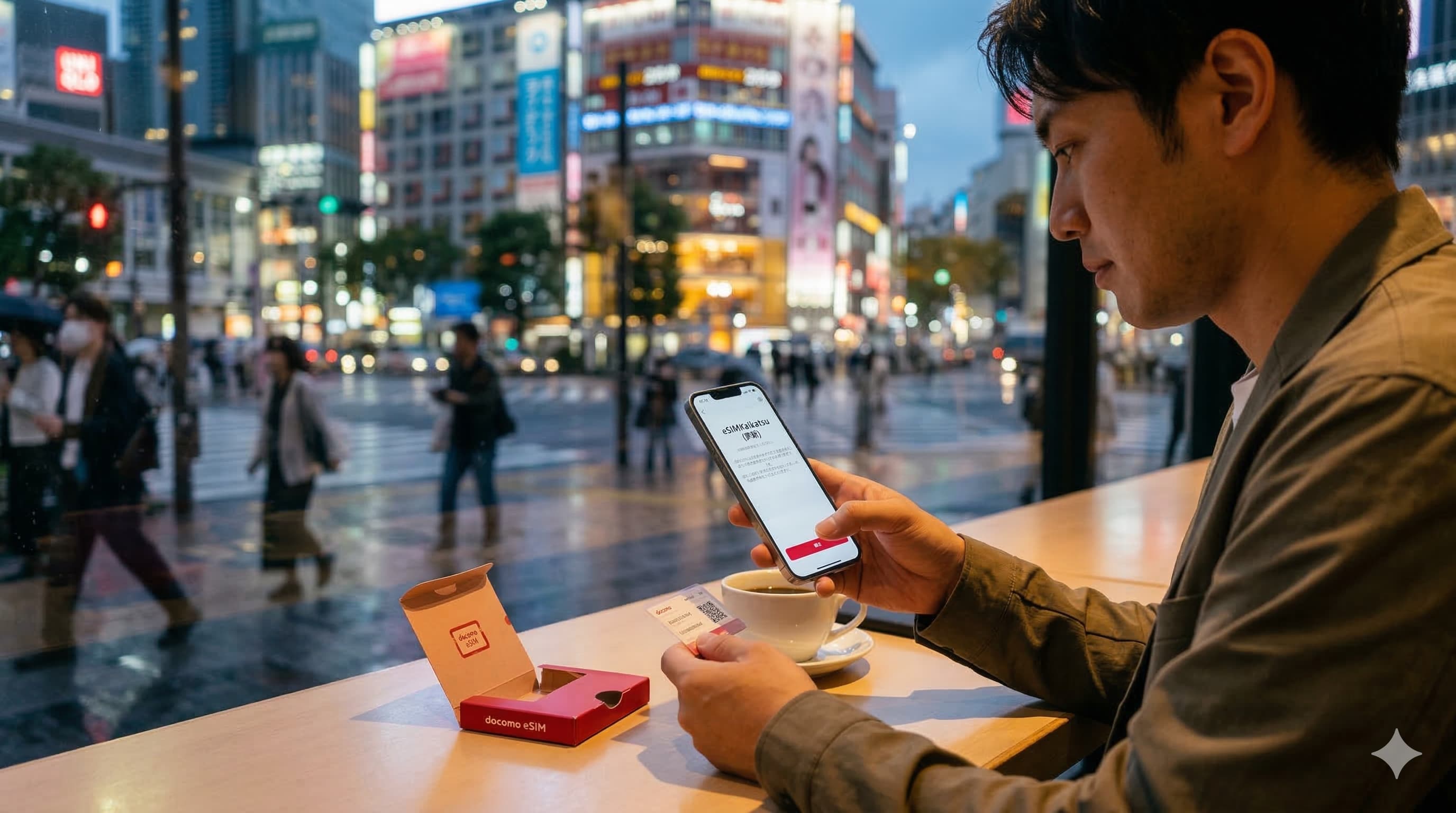 Người dùng đang kích hoạt eSIM trên điện thoại tại Tokyo