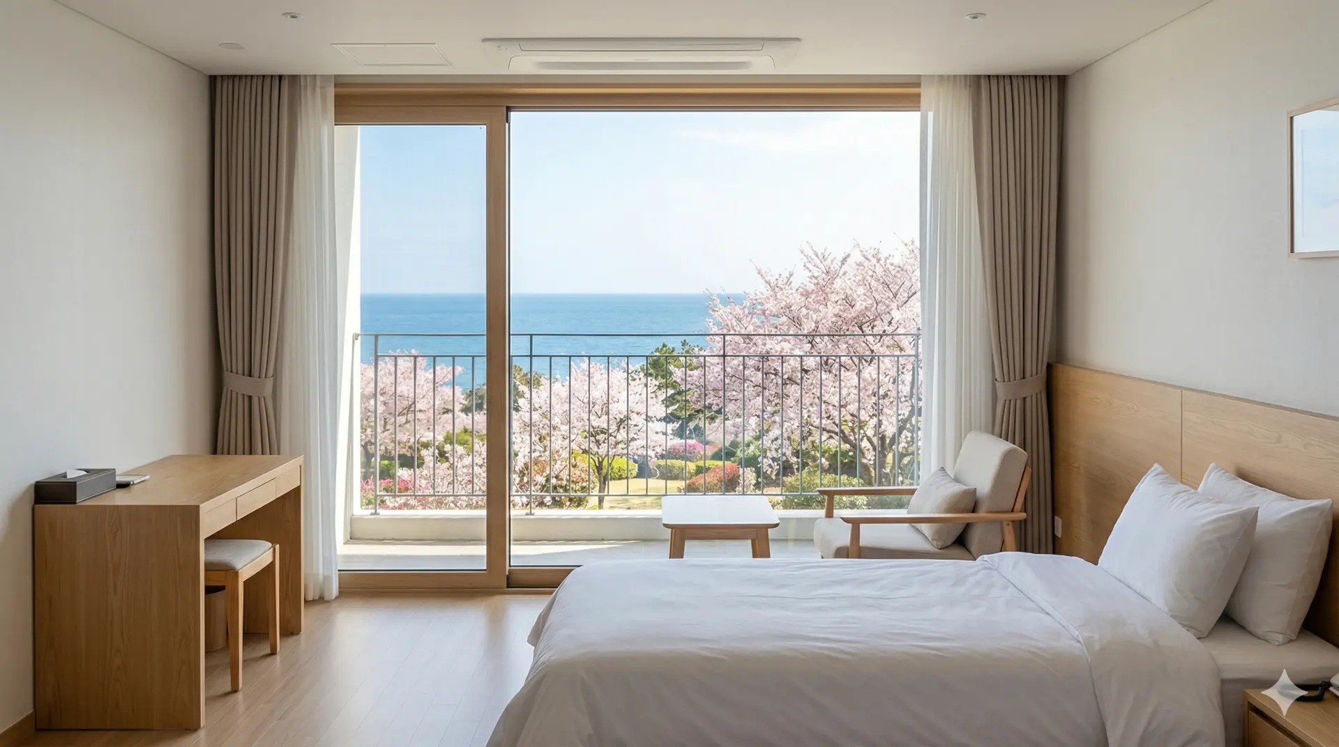 Phòng khách sạn tại Jeju với cảnh biển và hoa anh đào bên ngoài