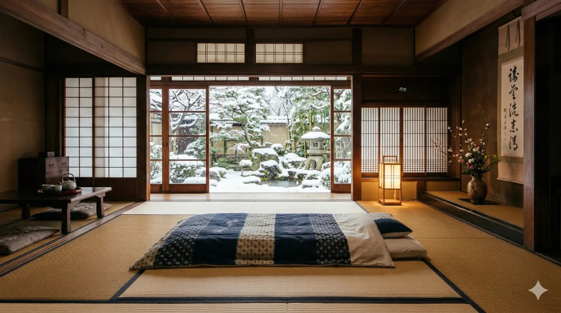 Phòng ryokan Nhật Bản truyền thống nhìn ra vườn tuyết